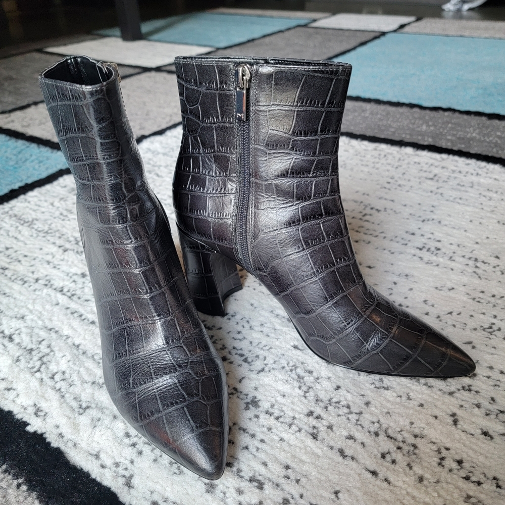 Marc Fisher Dark Gray Leather Embossed Daith Boots - Size 6.5